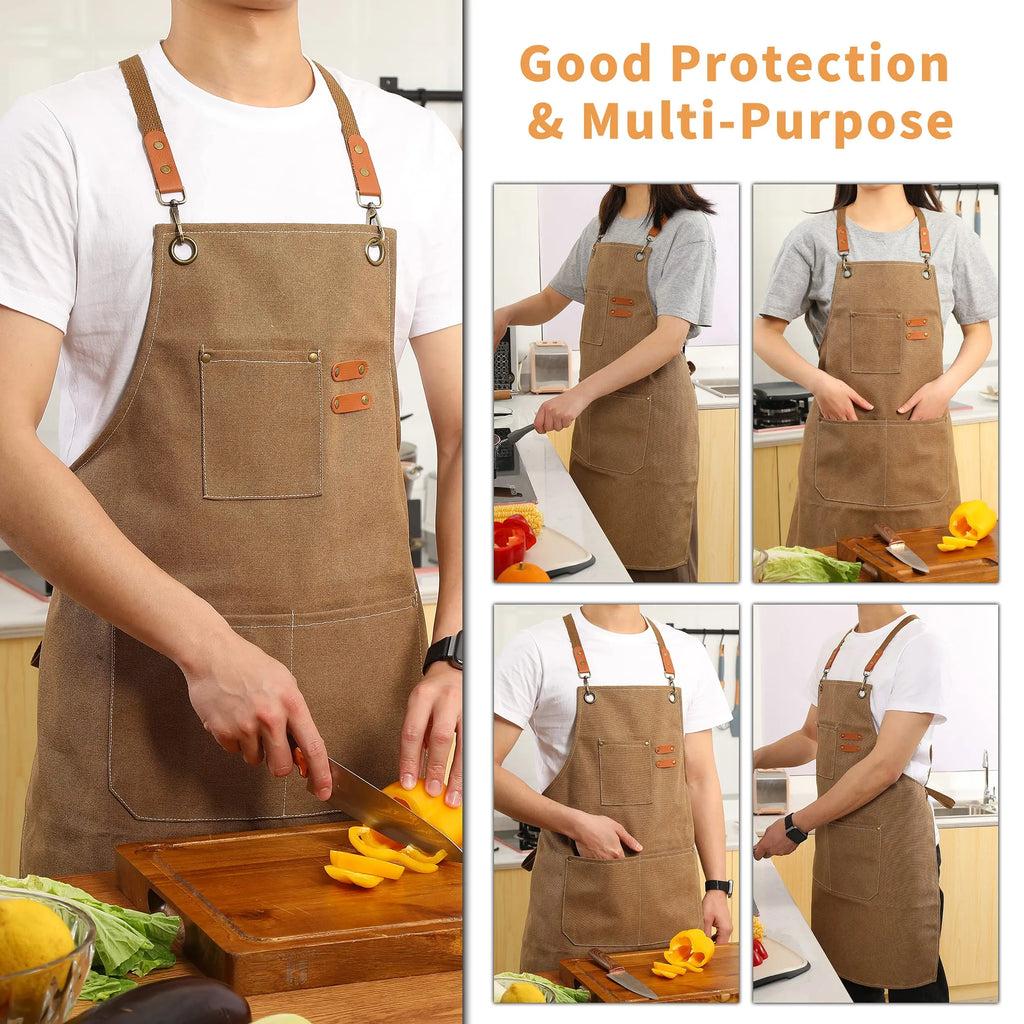 Canvas Cross Back Chef Cotton Aprons for Men Women with Large Pockets - Crema Peaks Coffee