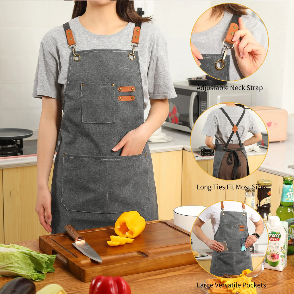 Canvas Cross Back Chef Cotton Aprons for Men Women with Large Pockets - Crema Peaks Coffee