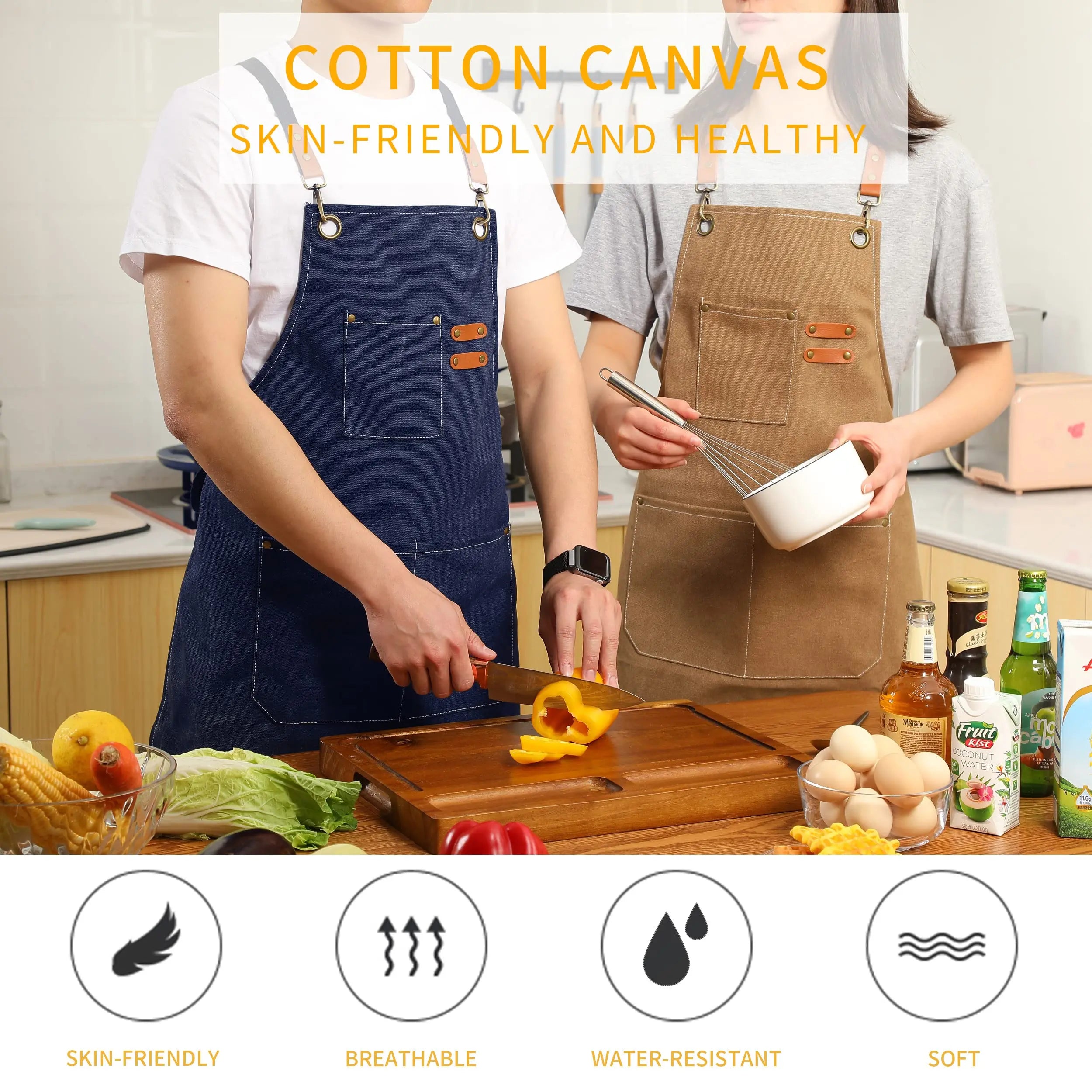 Canvas Cross Back Chef Cotton Aprons for Men Women with Large Pockets - Crema Peaks Coffee