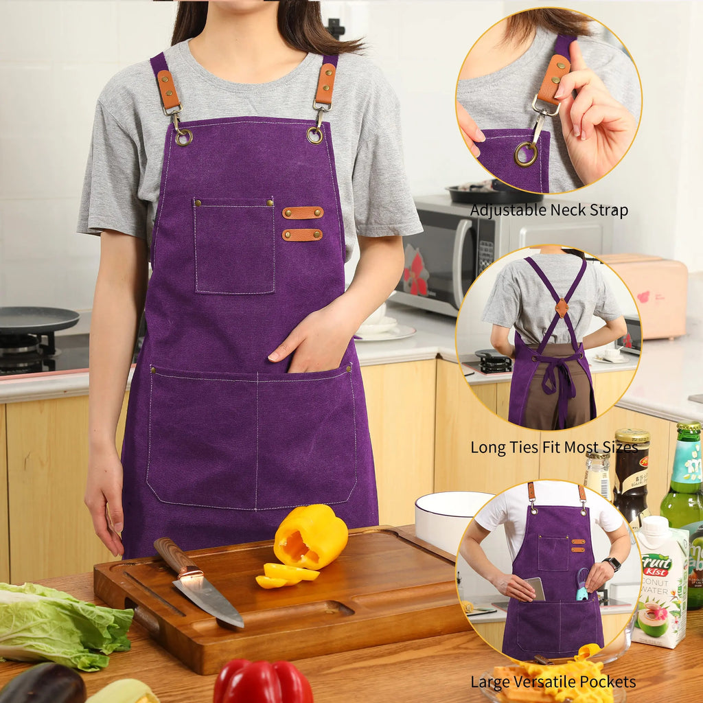 Canvas Cross Back Chef Cotton Aprons for Men Women with Large Pockets - Crema Peaks Coffee