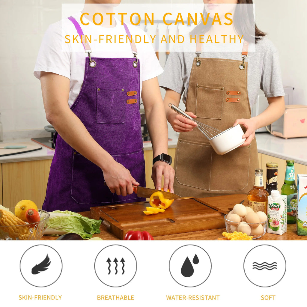 Canvas Cross Back Chef Cotton Aprons for Men Women with Large Pockets - Crema Peaks Coffee