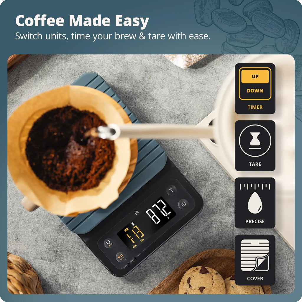 Coffee Scale by Greater Goods with Timer – 0.1g Precision Digital Coffee & Espresso Scale for Pour-Over, Coffee Bean Weighing, Barista Brewing, Waterproof Cover, 3kg Capacity (Onyx Black) - Crema Peaks Coffee