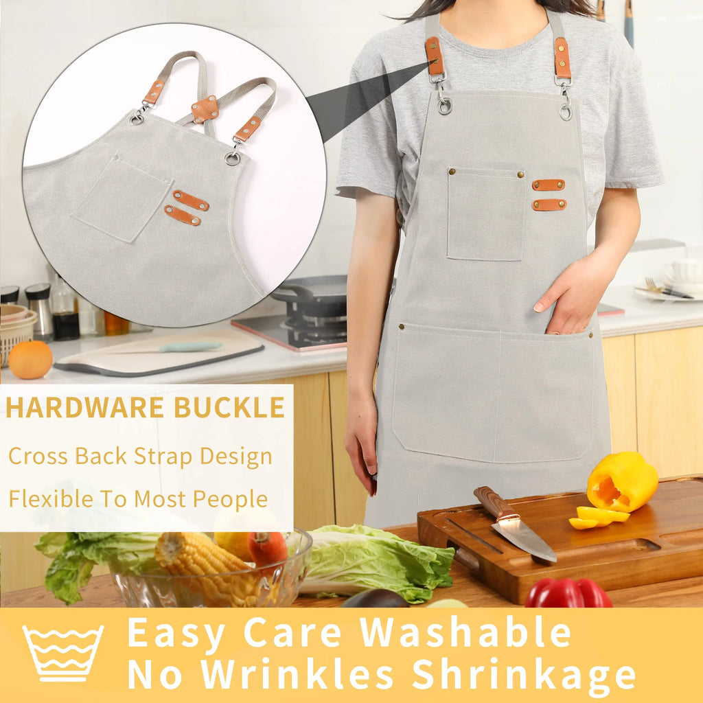 Canvas Cross Back Chef Cotton Aprons for Men Women with Large Pockets - Crema Peaks Coffee