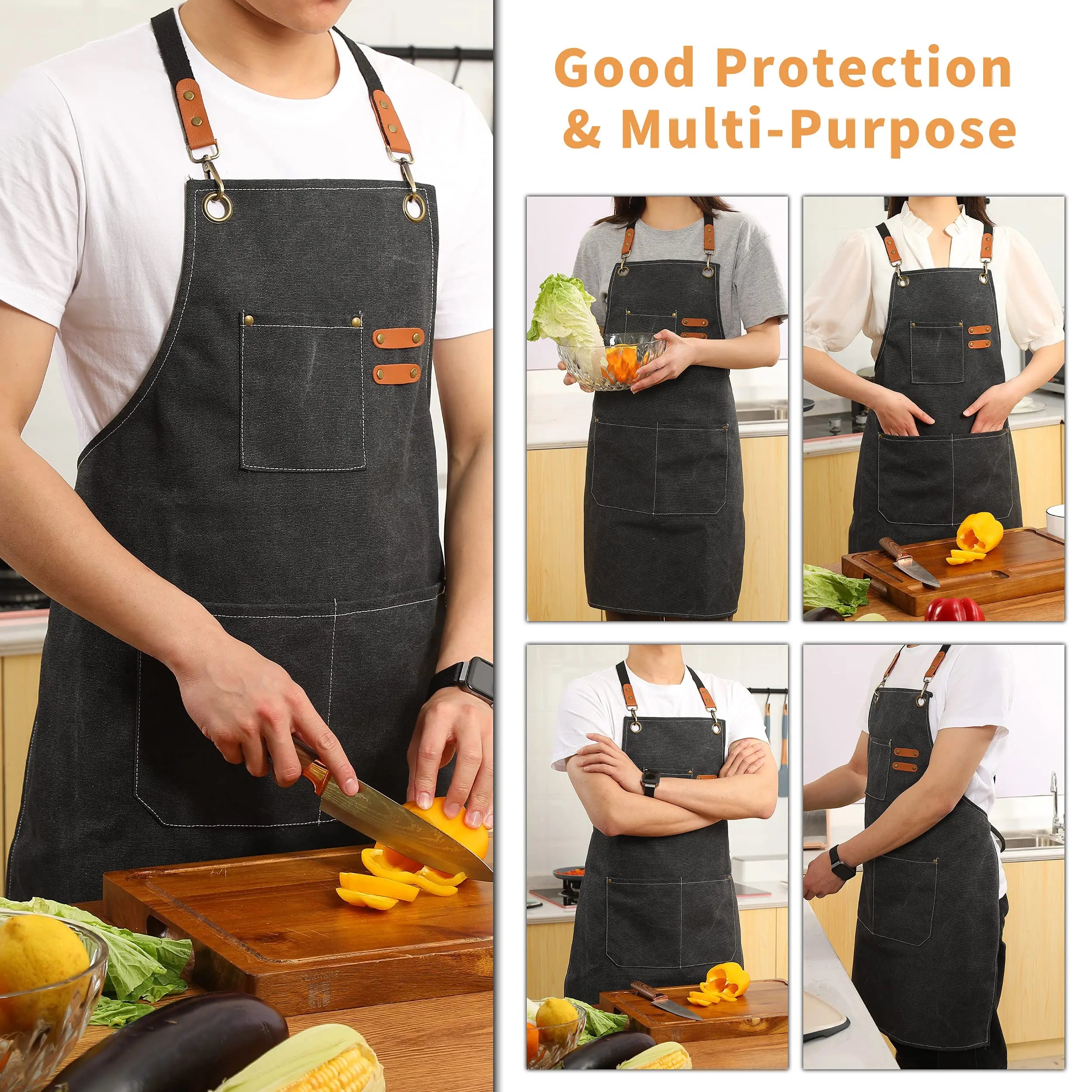 Canvas Cross Back Chef Cotton Aprons for Men Women with Large Pockets - Crema Peaks Coffee