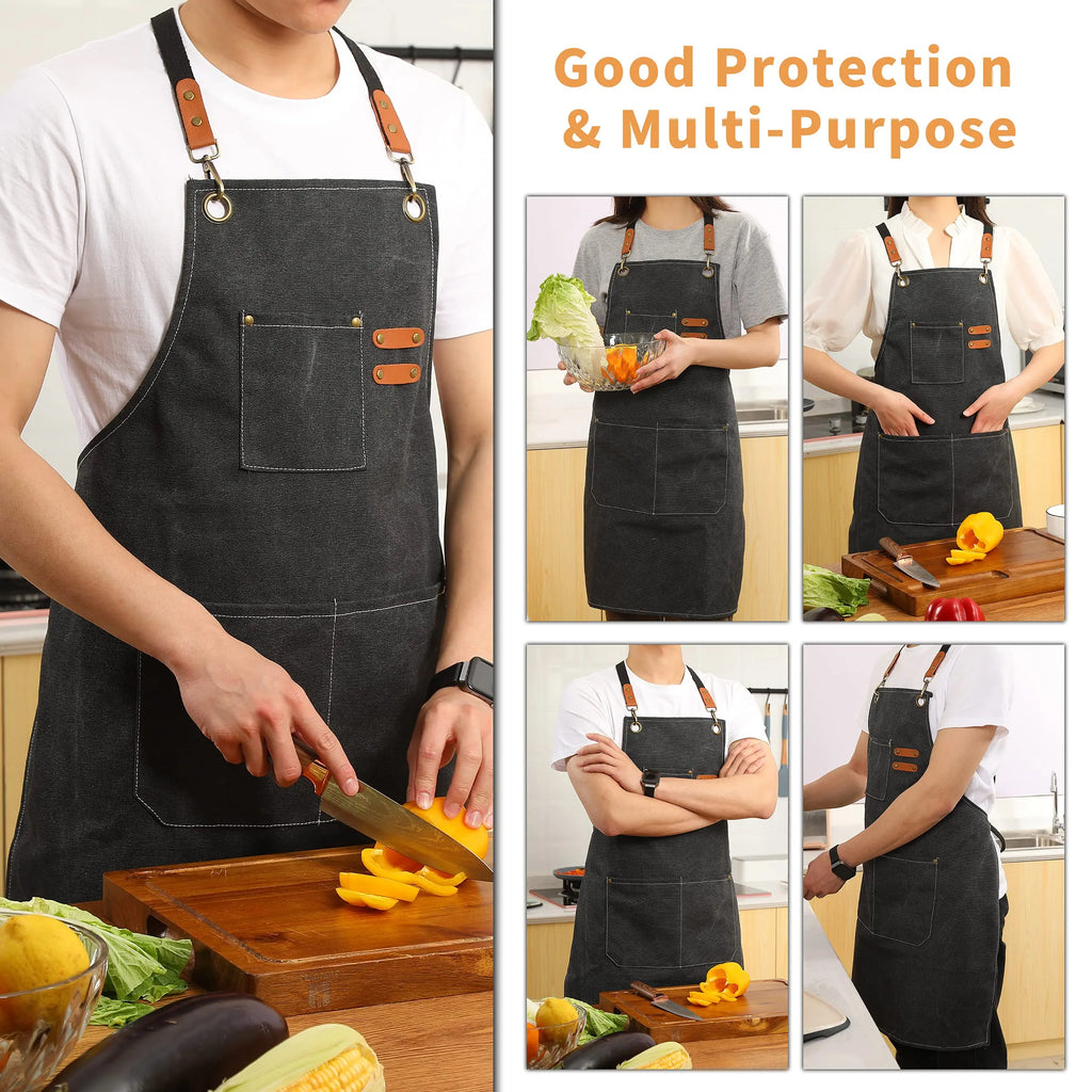 Canvas Cross Back Chef Cotton Aprons for Men Women with Large Pockets - Crema Peaks Coffee
