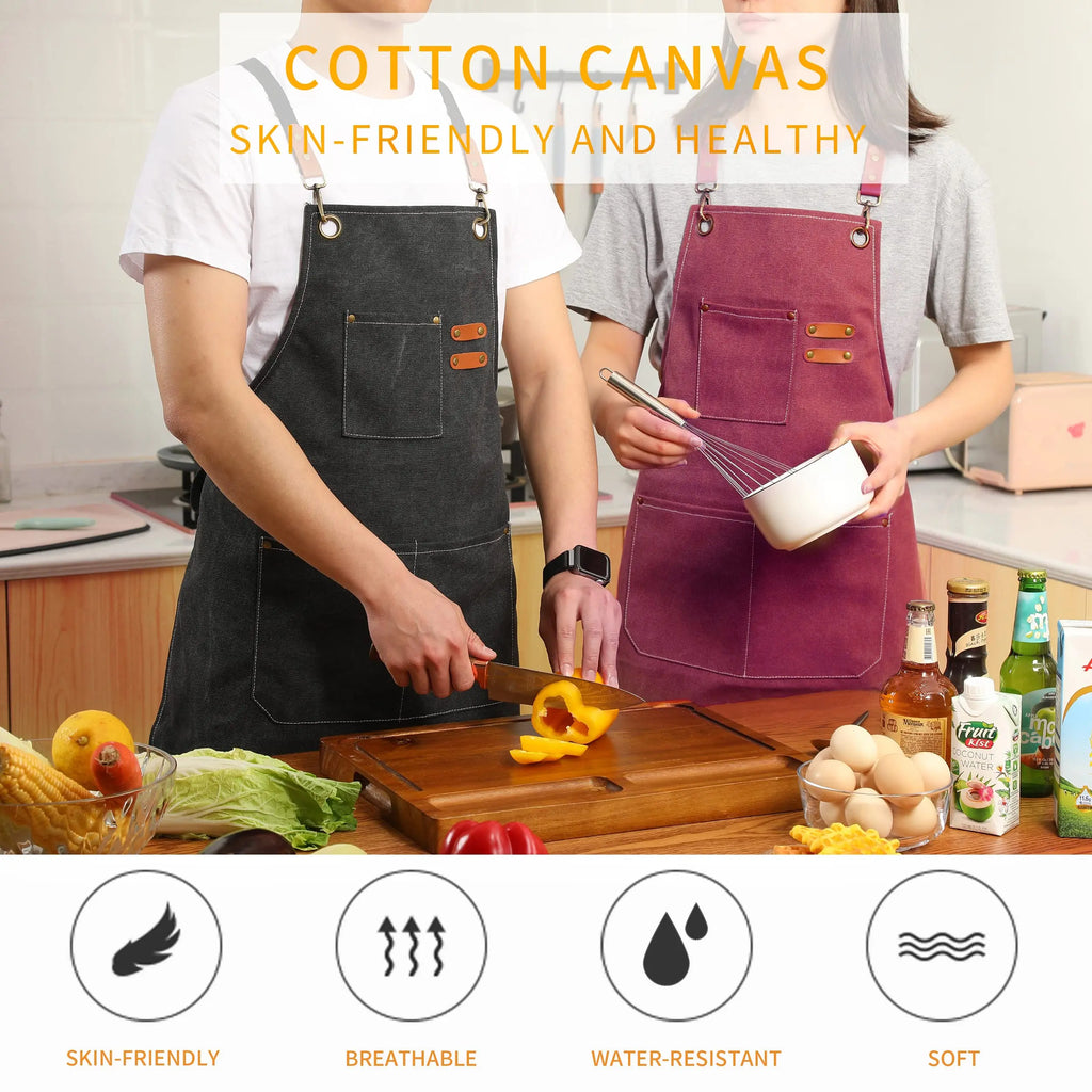 Canvas Cross Back Chef Cotton Aprons for Men Women with Large Pockets - Crema Peaks Coffee