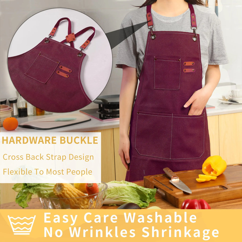 Canvas Cross Back Chef Cotton Aprons for Men Women with Large Pockets - Crema Peaks Coffee
