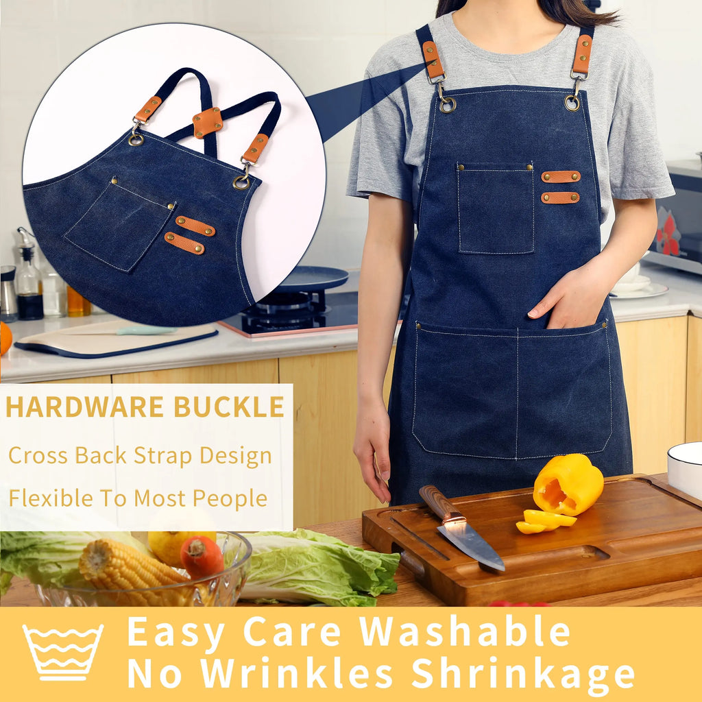 Canvas Cross Back Chef Cotton Aprons for Men Women with Large Pockets - Crema Peaks Coffee
