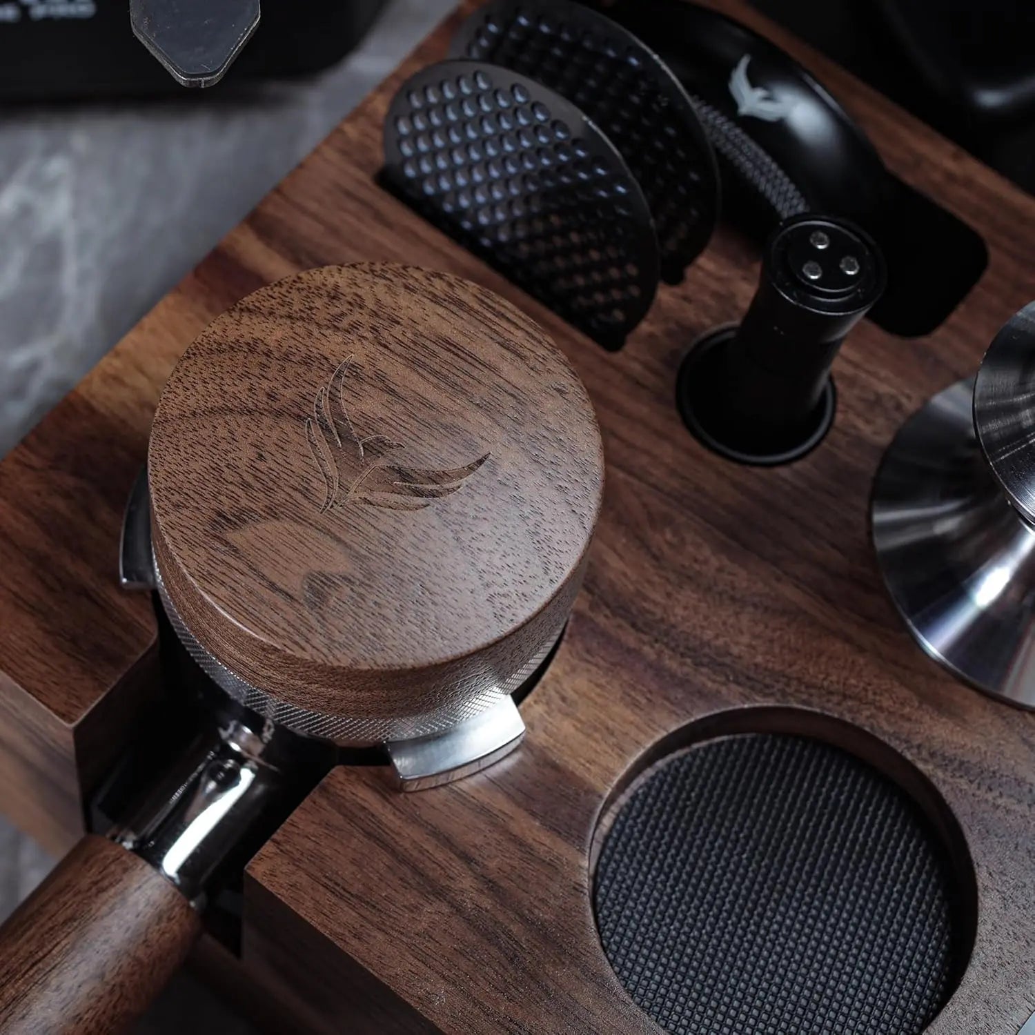 54mm Espresso Distribution Tool Walnut Coffee Distributor Adjustable Depth Stainless Steel Espresso Leveler Compatible with Breville Espresso Machines - Crema Peaks Coffee