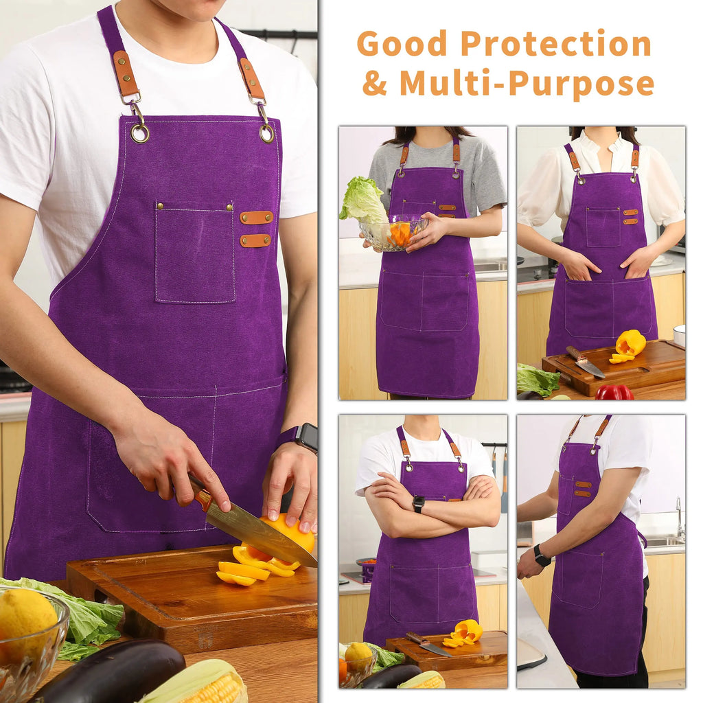 Canvas Cross Back Chef Cotton Aprons for Men Women with Large Pockets - Crema Peaks Coffee