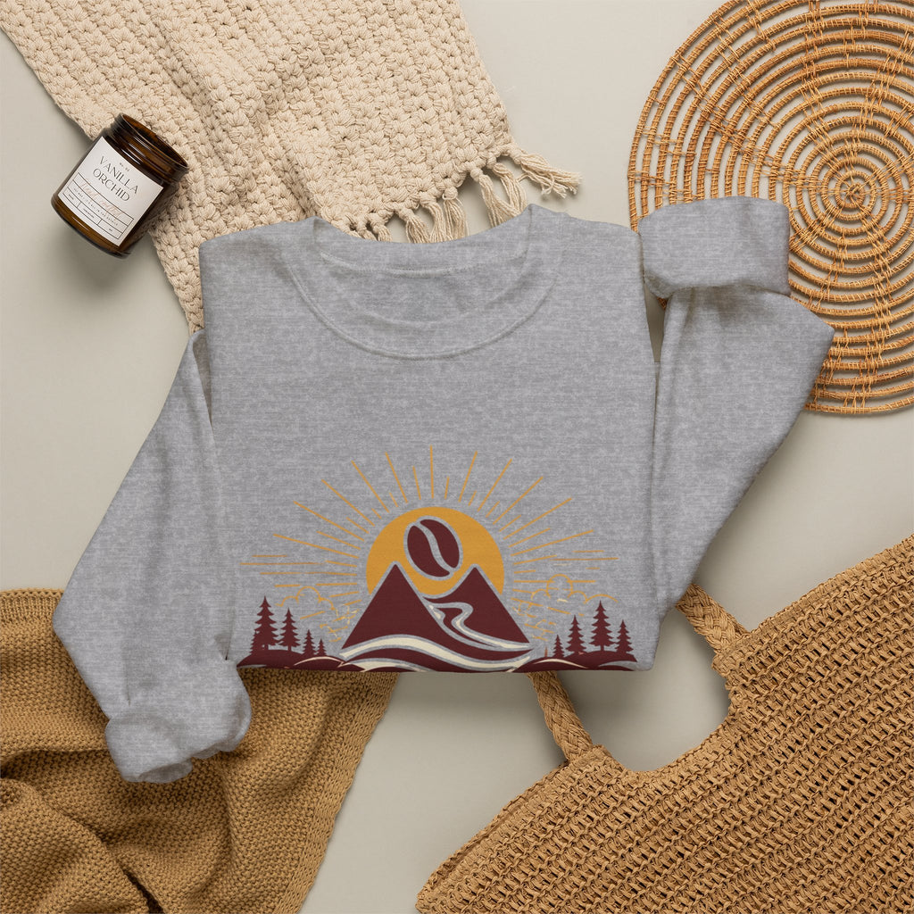 Coffee Adventure Sweatshirt — "30-Year Search for Great Coffee" Retro Mountain Crewneck