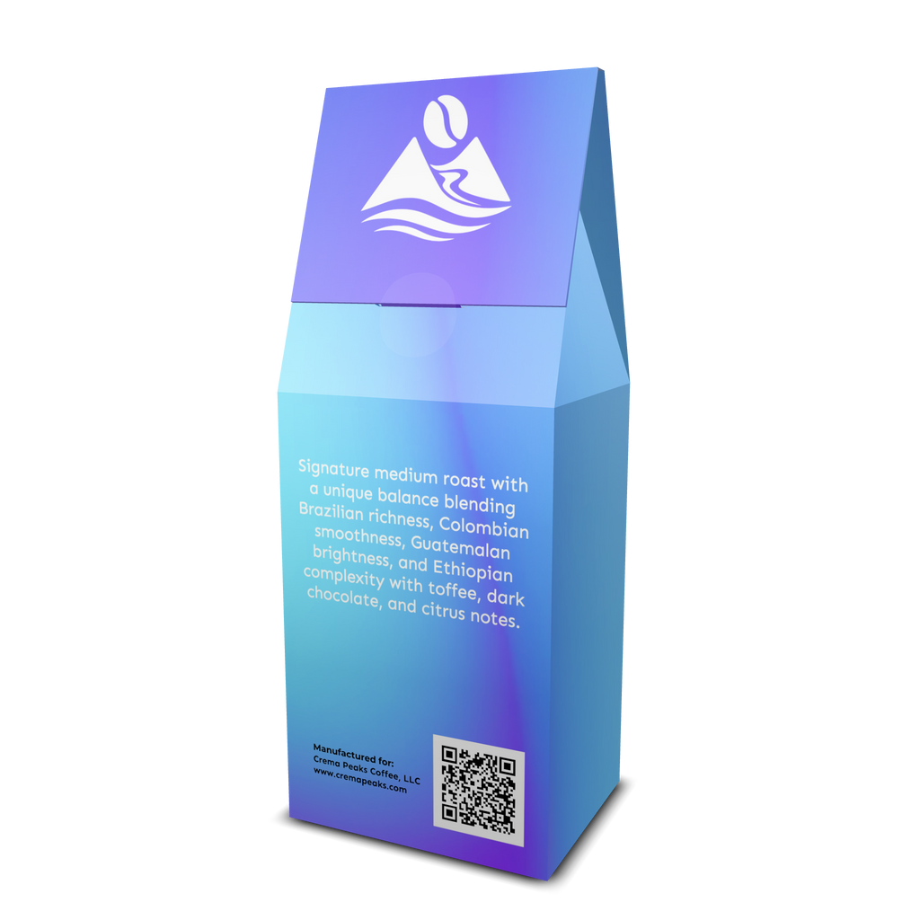 Adventure Blend Coffee, Four Country Medium Roast Built for Exploration. Toffee depth, dark chocolate richness, and citrus lift. Layered complexity without compromise. - Crema Peaks Coffee