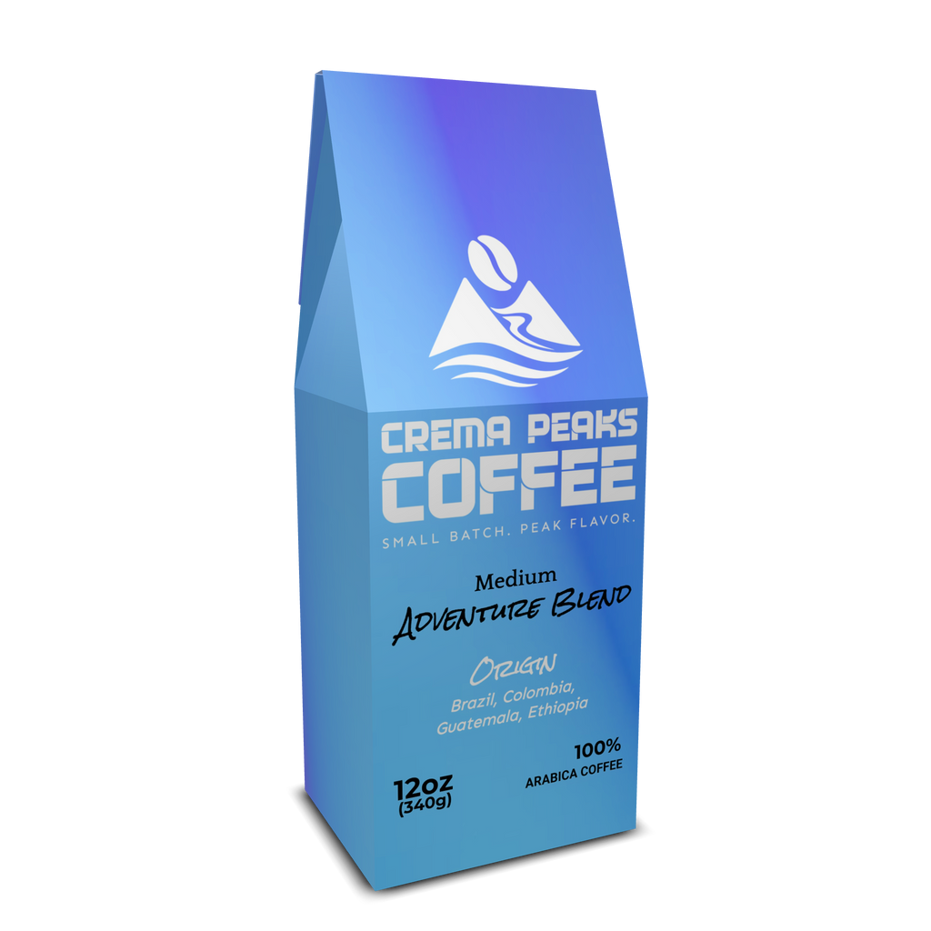 Adventure Blend Coffee, Four Country Medium Roast, Built for Exploration. Toffee depth, dark chocolate richness, and citrus lift. Layered complexity without compromise. - Crema Peaks Coffee
