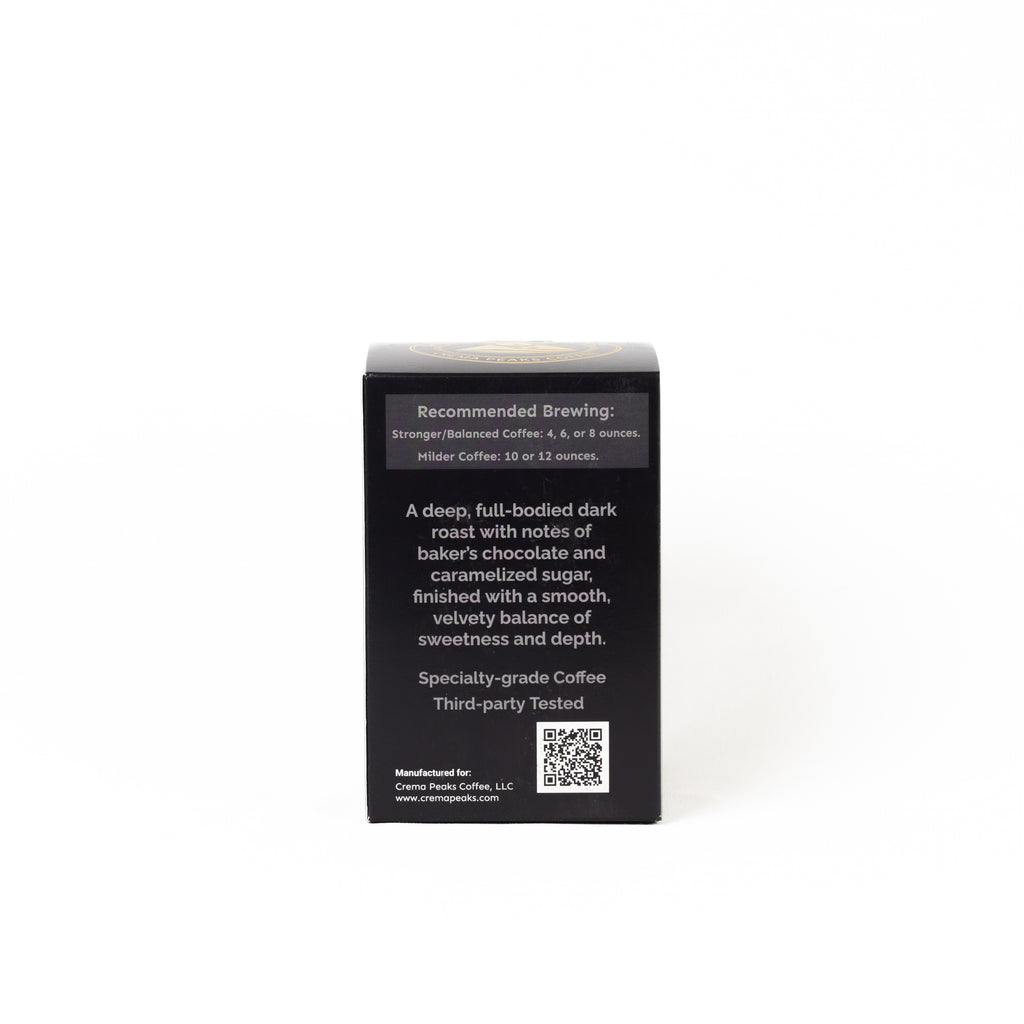 The back of a coffee box on a plain white background, showing brewing recommendations, product description, a QR code, and manufacturer details.
