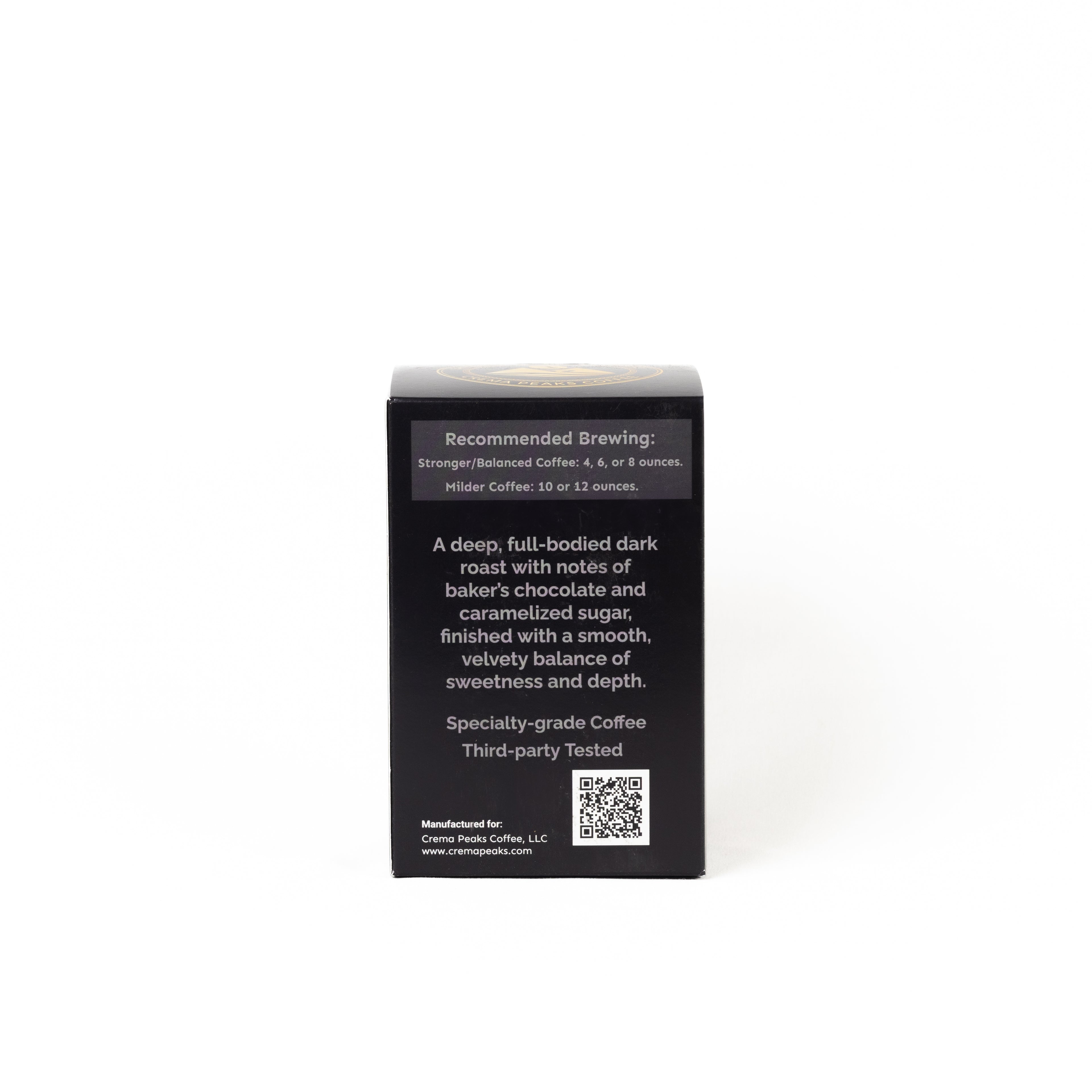 The back of a coffee box on a plain white background, showing brewing recommendations, product description, a QR code, and manufacturer details.