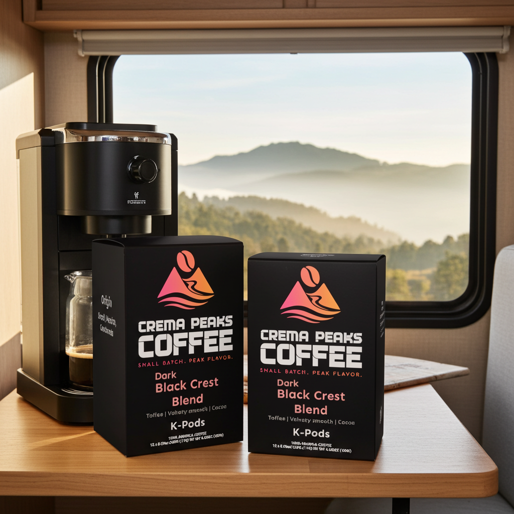 Two boxes of Crema Peaks Coffee K-Pods on a table in a camper with a scenic view outside.