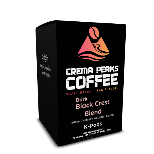 Black Crest Blend Pods (12), Remarkably Smooth & Velvety. Balanced Finish with notes of baker’s chocolate and caramelized sweetness. - Crema Peaks Coffee