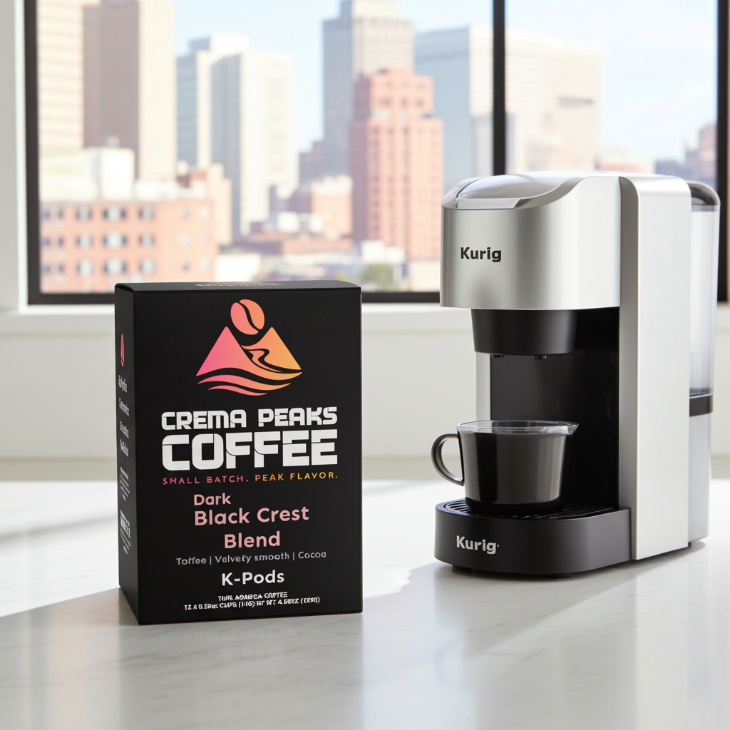 Kurig coffee machine with Crema Peaks Coffee K-Pods on a surface with a cityscape background
