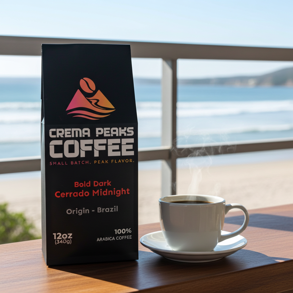 Cerrado Midnight, Intensity, French Roast-Refined. Sitting on a table outside next to a hot cup of coffee with a beach view.