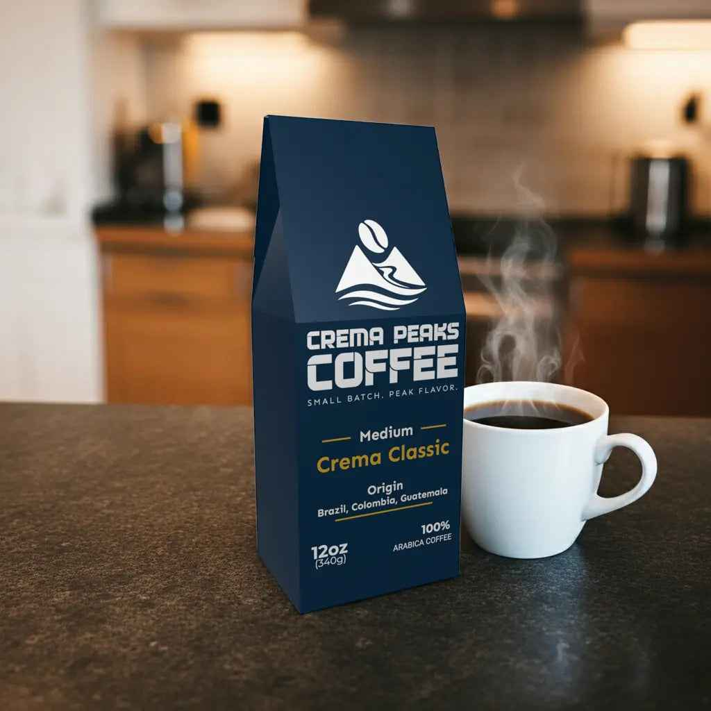 Crema Classic, Your Everyday Coffee — Elevated. Rich praline sweetness with a smooth, balanced finish. - Crema Peaks Coffee