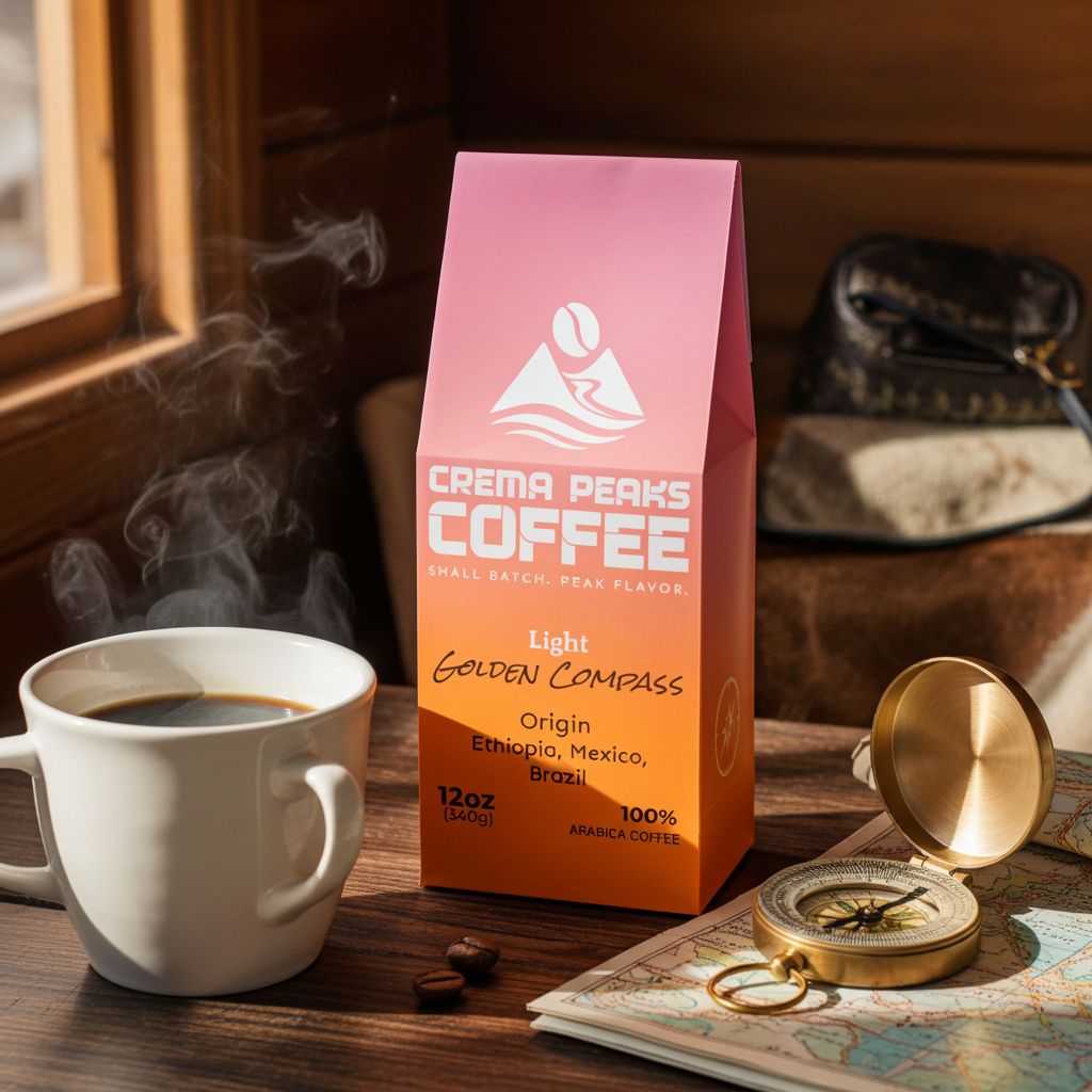 Crema Peaks Coffee Golden Compass light roast bag beside a steaming cup of coffee and brass compass on a rustic wood table