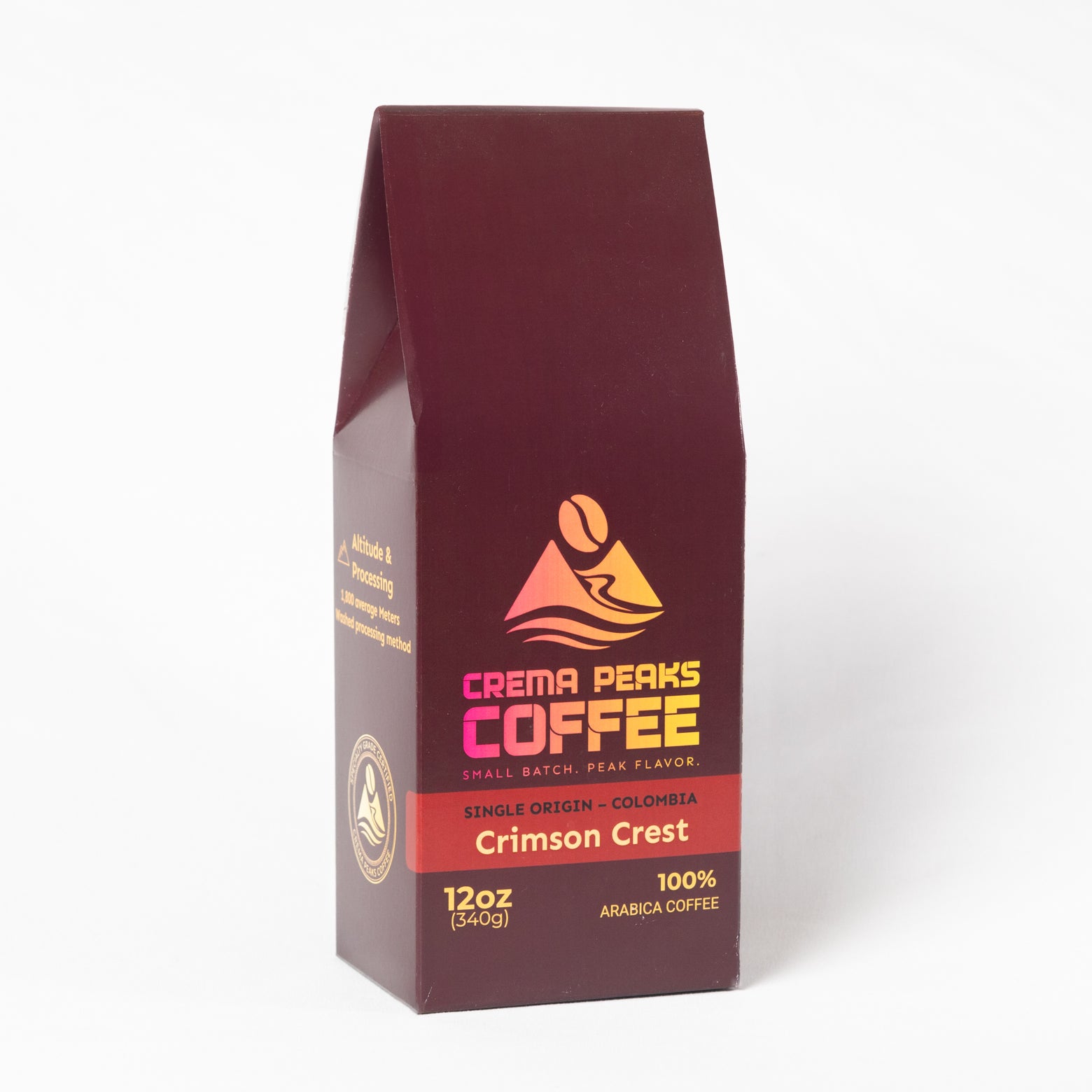A 12oz bag of Crema Peaks Coffee's Crimson Crest single-origin Colombia coffee, shown on a clean white background.