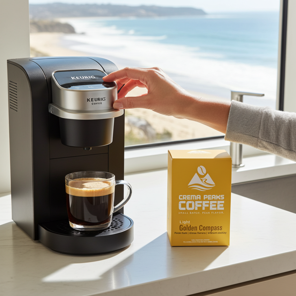 Keurig coffee maker with a cup of coffee and Crema Peaks Coffee box on a windowsill with a scenic view of the beach.
