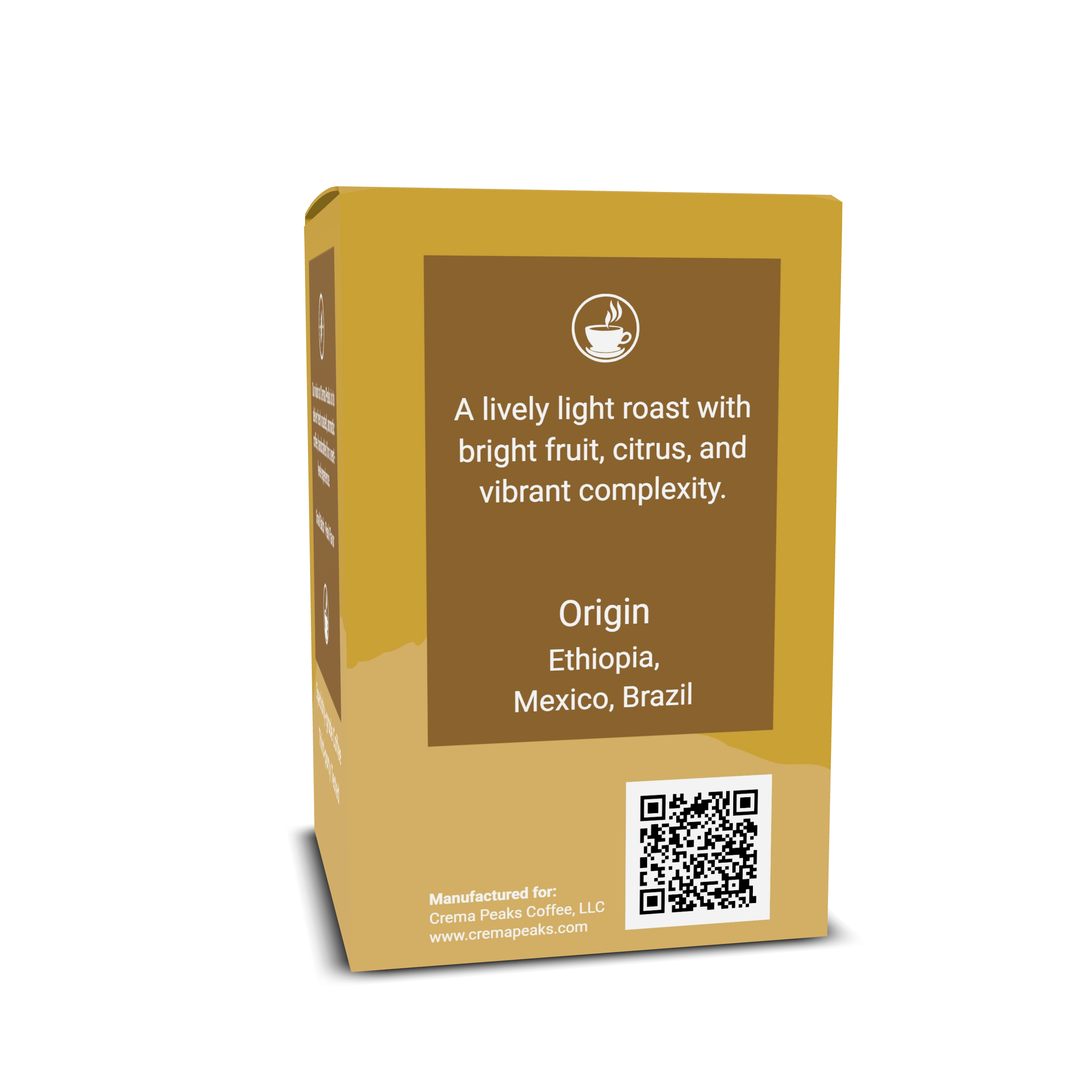 Coffee packaging with text and a QR code on a white background
