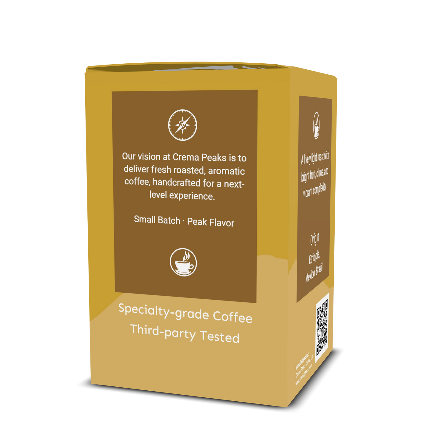 Crema Peaks coffee packaging with text and logos on a white background