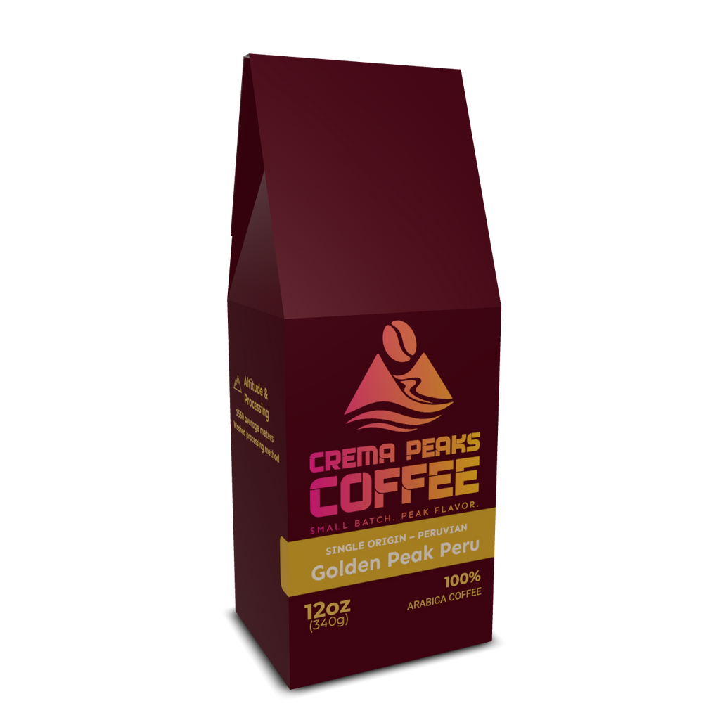 Golden Peak Peru (SO), Our 2026 addition: Smooth & juicy, filled with rich chocolate tones, ripe apple, plum, and hints of tropical pineapple, balanced by a clean, lingering fruity finish. - Crema Peaks Coffee