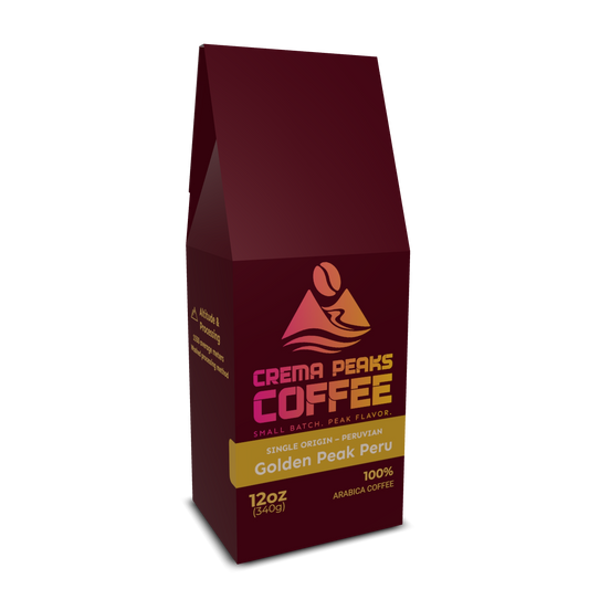 Golden Peak Peru (SO), Our 2026 addition: Smooth & juicy, filled with rich chocolate tones, ripe apple, plum, and hints of tropical pineapple, balanced by a clean, lingering fruity finish. - Crema Peaks Coffee