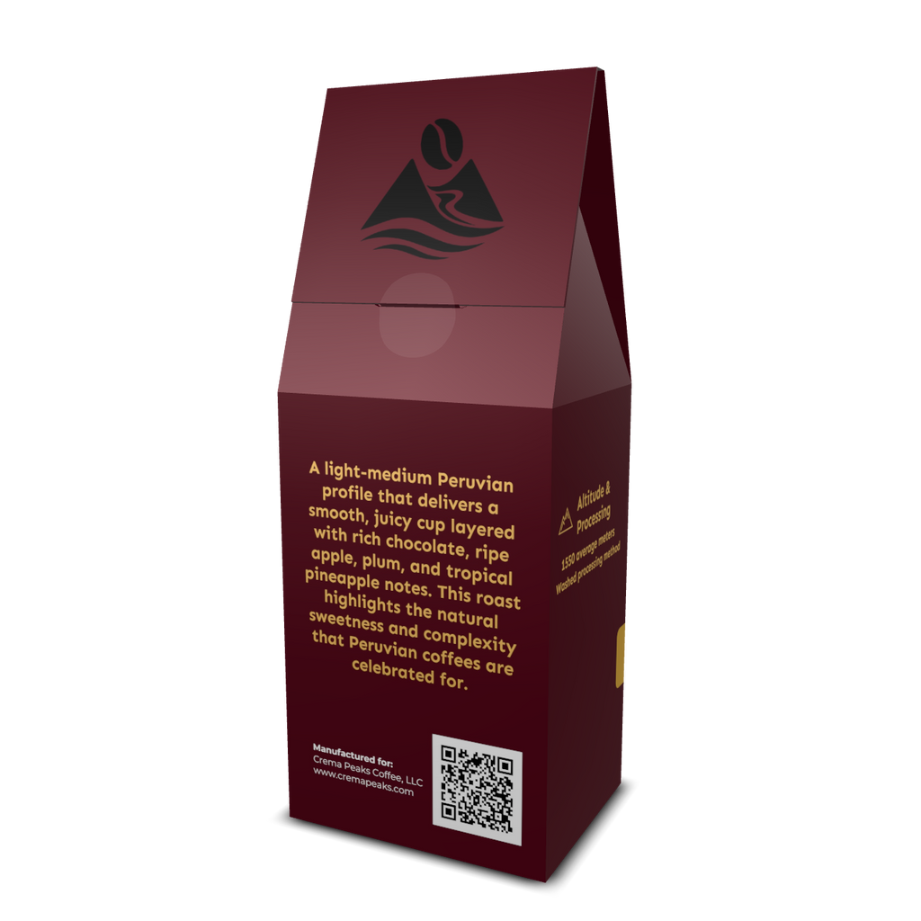 Golden Peak Peru (SO), Our 2026 addition: Smooth & juicy, filled with rich chocolate tones, ripe apple, plum, and hints of tropical pineapple, balanced by a clean, lingering fruity finish. - Crema Peaks Coffee