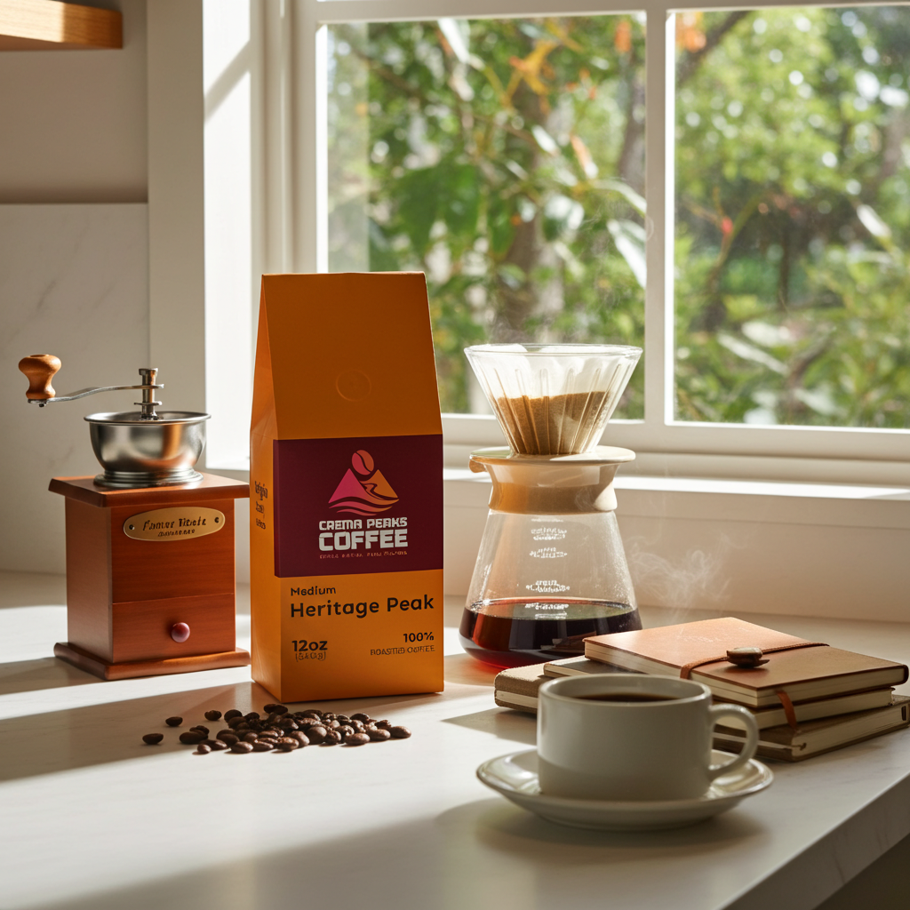 Coffee package of Crema Peaks Coffee with a coffee cup, grinder, and beans on a windowsill and pour-over