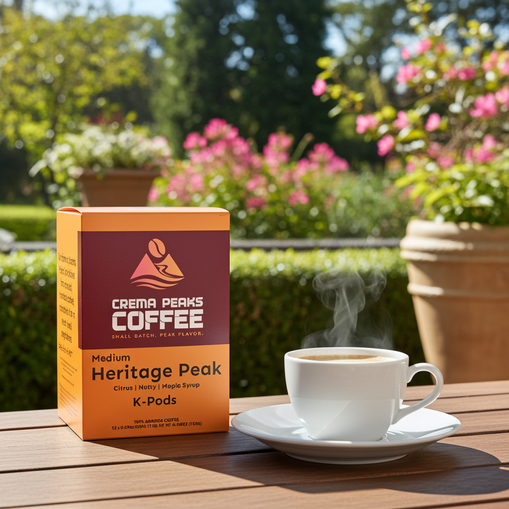 Crema Peaks Coffee K-Pods box with a steaming cup of coffee on a wooden table outdoors.