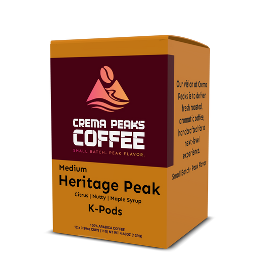 Crema Peaks Coffee K-Pods packaging on a white background