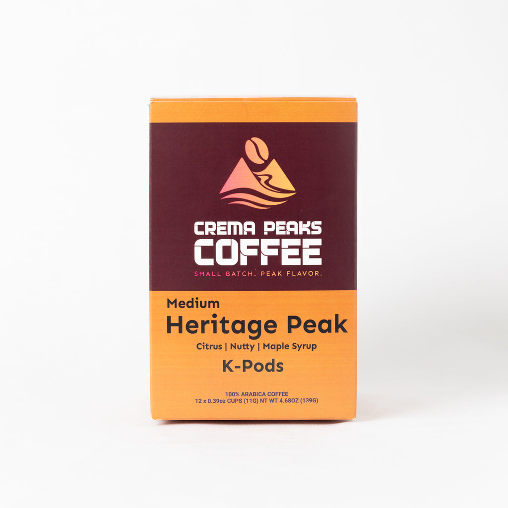 Heritage Peak Pods (12), A rich medium roast blend balanced for Daily Ritual. Nutty richness with warming sweetness and vibrant acidity.