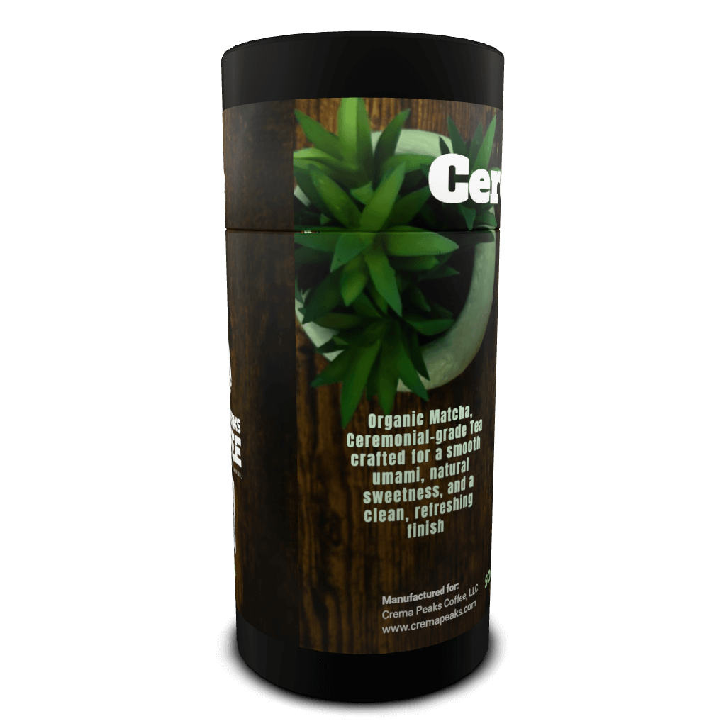 Ceremonial grade tea packaging with green leaf design on a black background and tasting notes with QR code