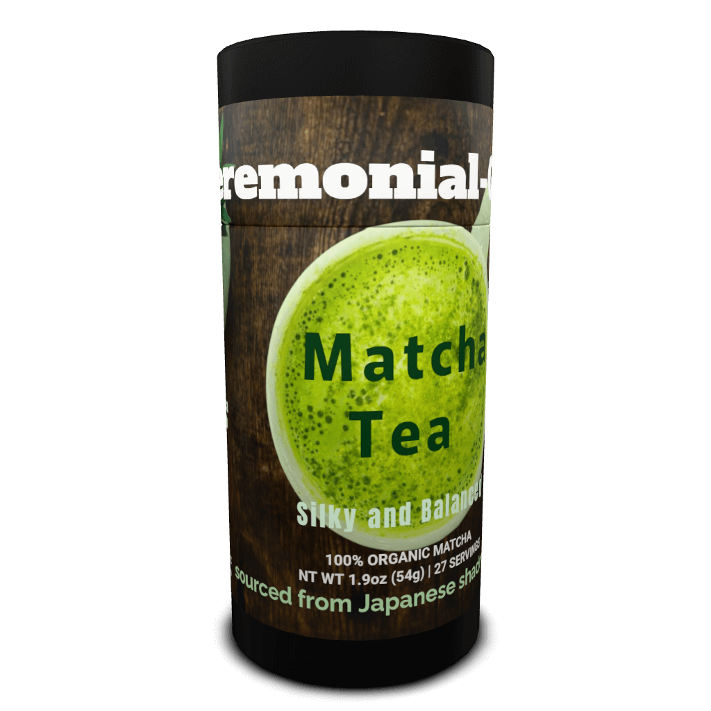 1.9oz Matcha tea container with wooden design and green matcha illustration on a black background 100% organic