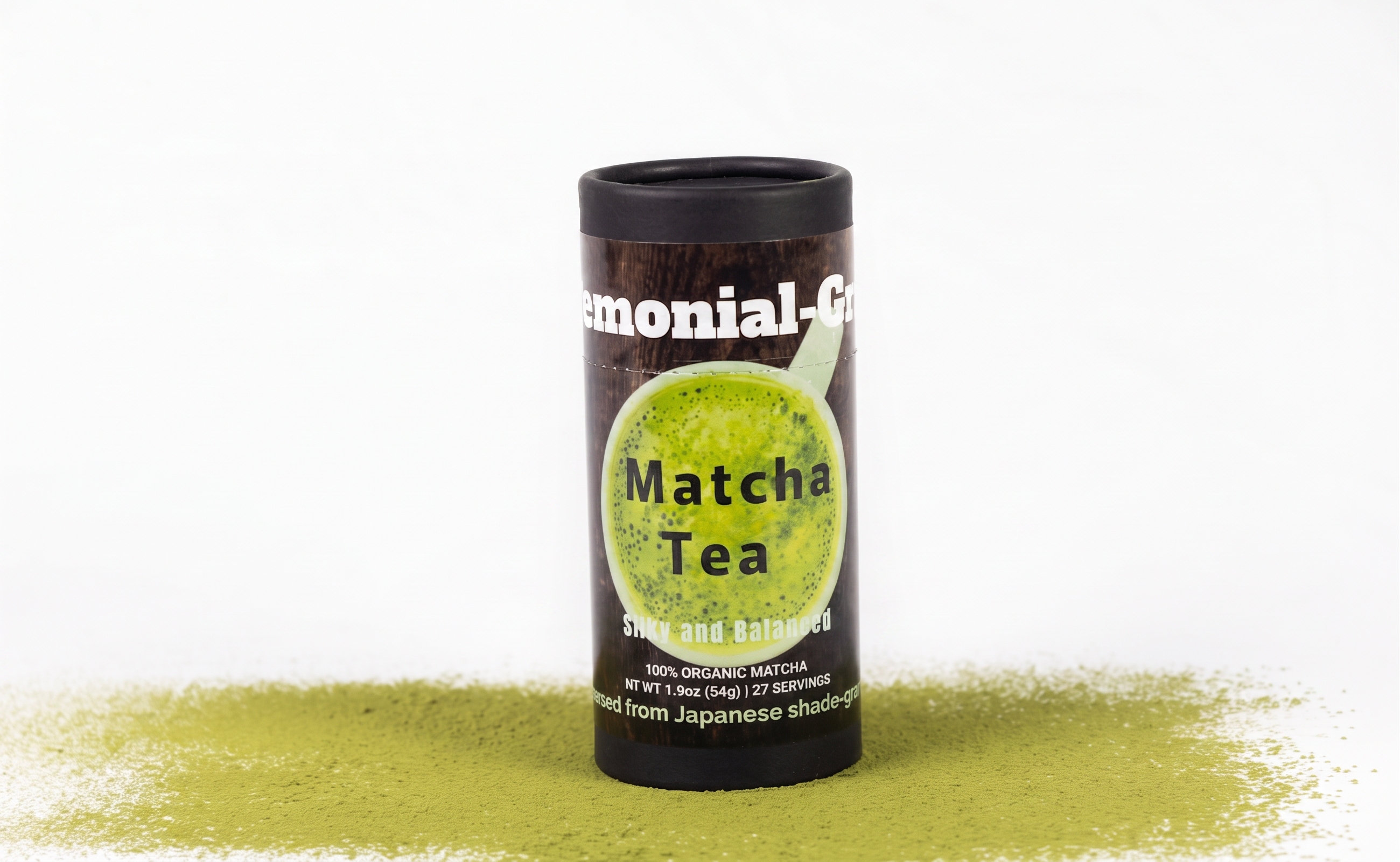 A black cylindrical container of organic ceremonial matcha tea with a green matcha tea illustration on the label, standing upright on a white background with matcha powder scattered at the base.