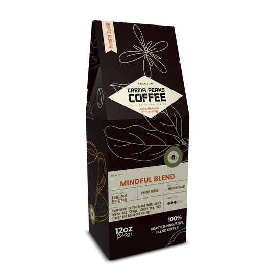 Crema Peaks Coffee functional mushroom coffee brown box with text only logo and medium roast