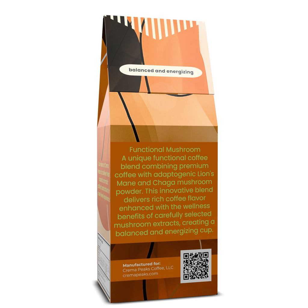 Coffee package with text about functional mushroom blend on a white background and qr code