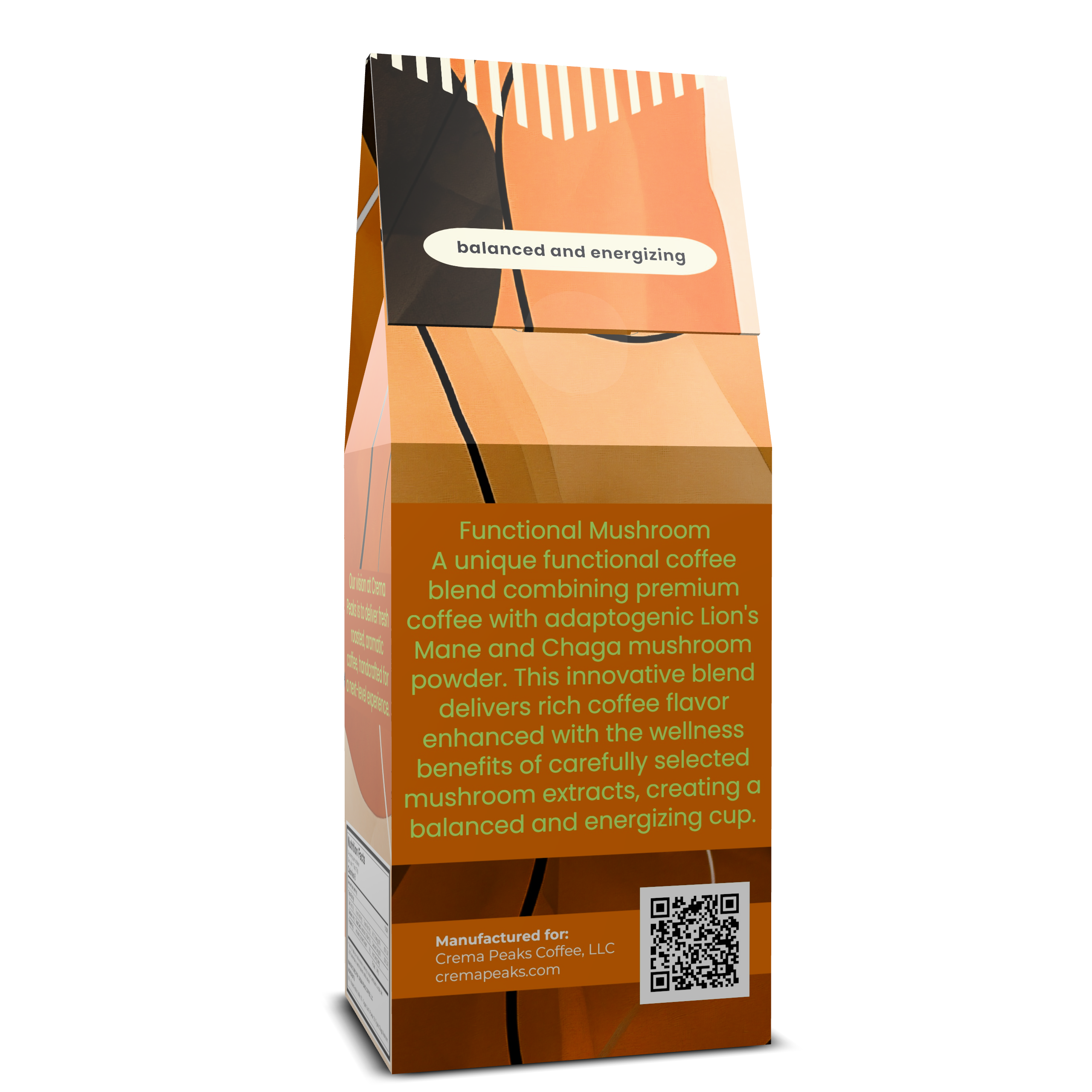 Coffee package with text about functional mushroom blend on a white background and qr code