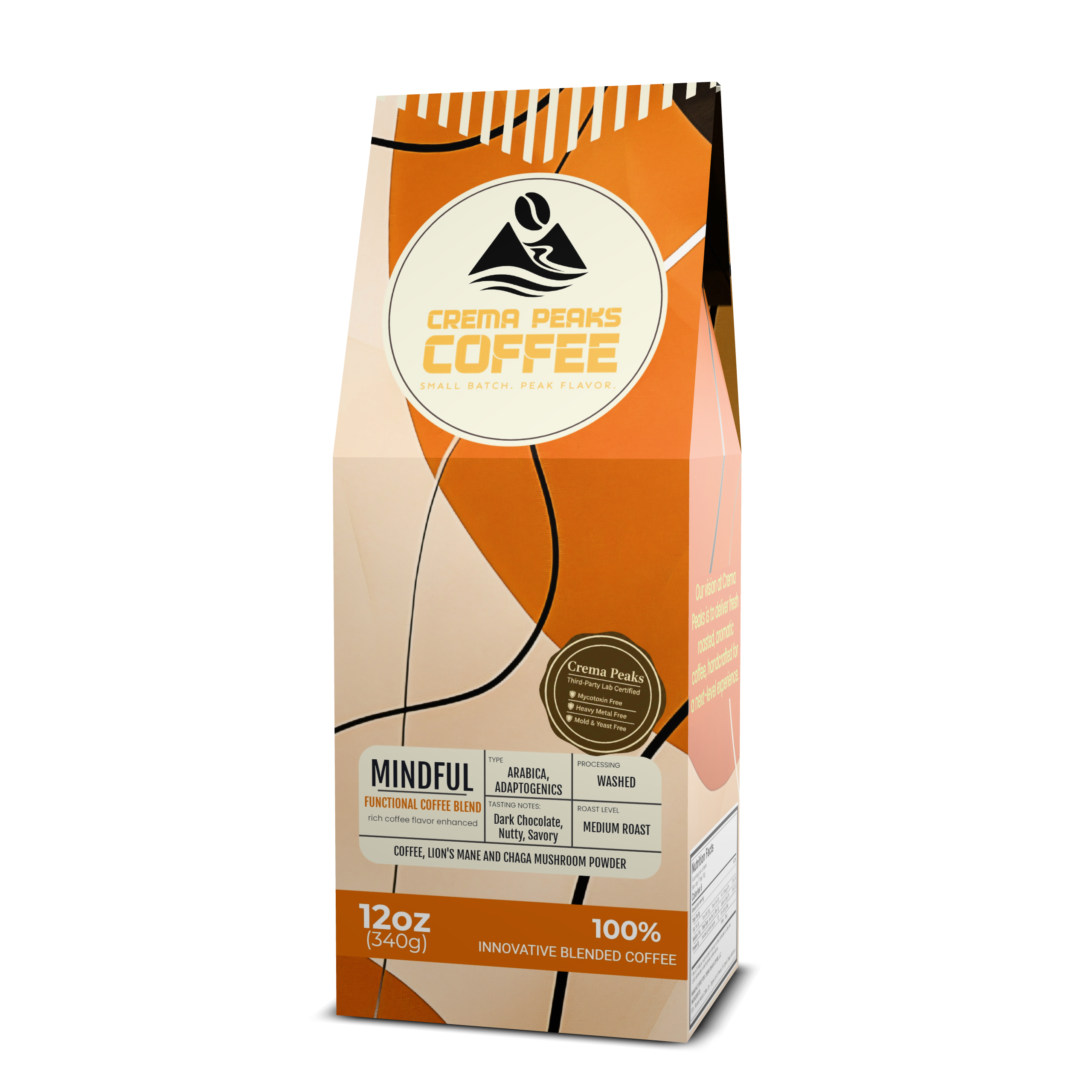 Mindful Blend, Lion’s Mane coffee, Focused Energy. Grounded Clarity. Smooth medium roast enhanced with Lion’s Mane and Chaga — coffee first, functional edge. - Crema Peaks Coffee