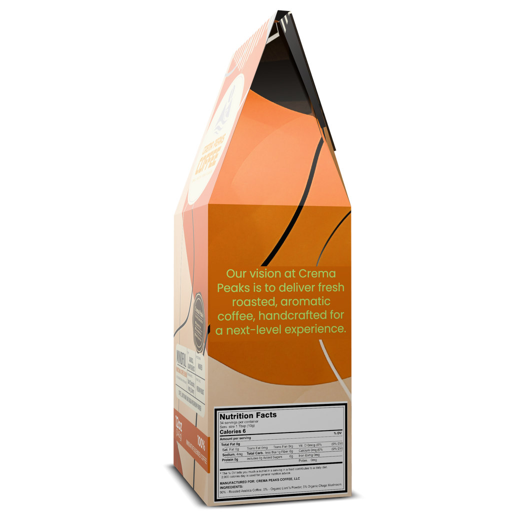 Coffee packaging with orange and brown design on a white background with product nutrition label