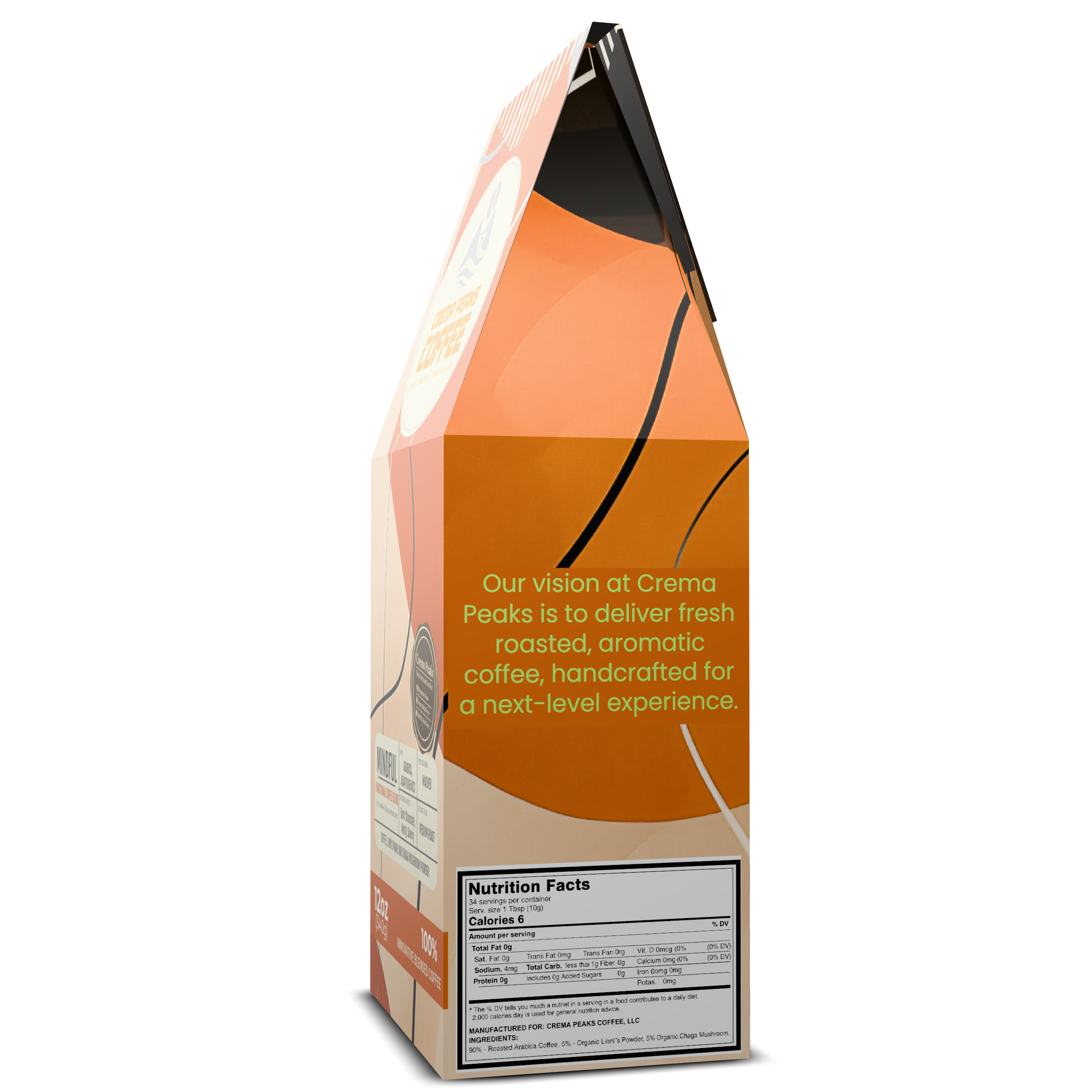 Coffee packaging with orange and brown design on a white background with product nutrition label
