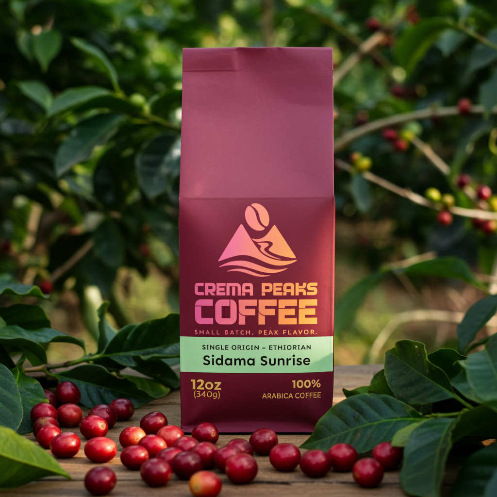Sidama Sunrise-Ethiopian (SO), Our 2026 addition: Bright light roast beautifully aromatic, filled with ripe berries, delicate florals, and wine-like sweetness. - Crema Peaks Coffee