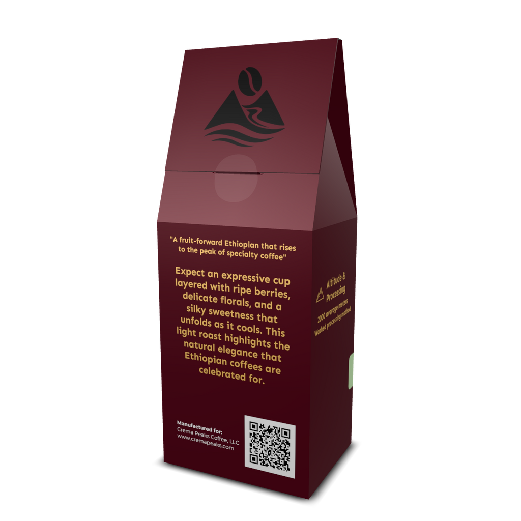 Sidama Sunrise-Ethiopian (SO), Our 2026 addition: Bright light roast beautifully aromatic, filled with ripe berries, delicate florals, and wine-like sweetness. - Crema Peaks Coffee
