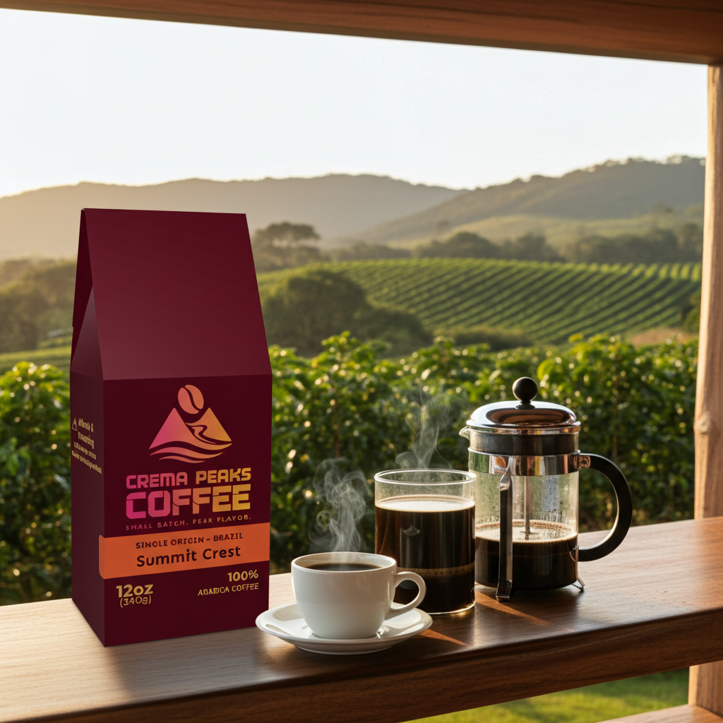 Crema Peaks Coffee package with a cup of coffee and a French press on a table with a coffee plantation scenic background.