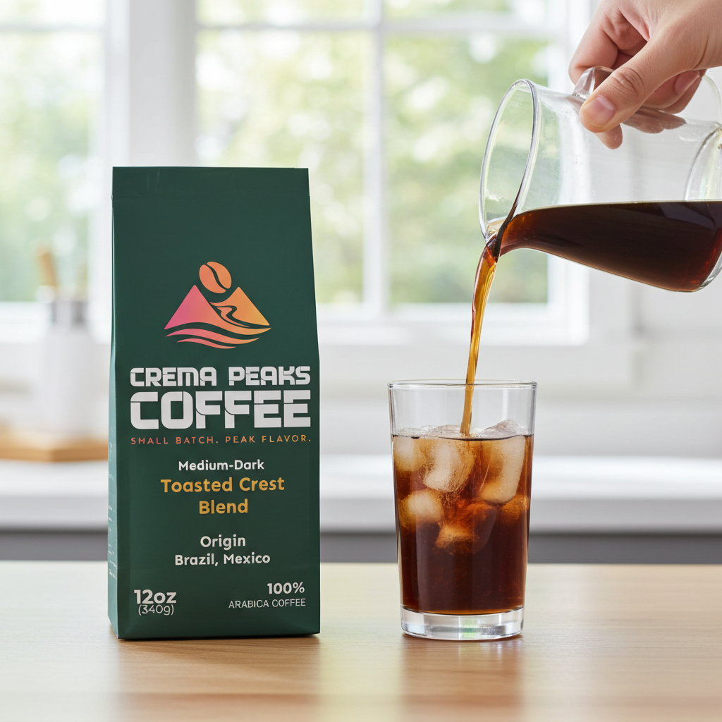 real life setting of Crema Peaks Cfoffee sitting next to a fresh batch of cold brew coffee being pured into a glass with ice in a airy kitchen with a bright view.