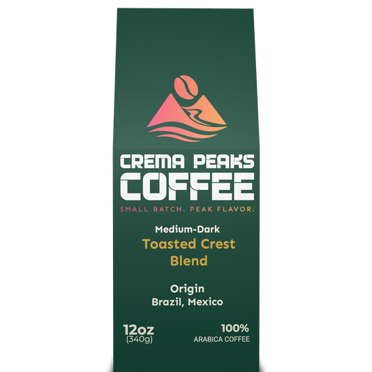 Toasted Crest Blend, Depth Without Bitterness. Cocoa depth and toasted nut warmth — bold, structured, never harsh. - Crema Peaks Coffee